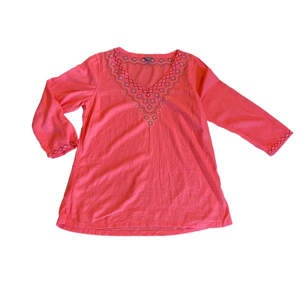 Eddie Bower coral/ orange Linen blend blouse/tunic with detailed embroid…